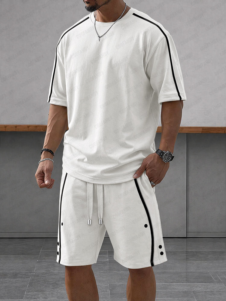 Casual Loose Contrasct Color Line Sports Set - White