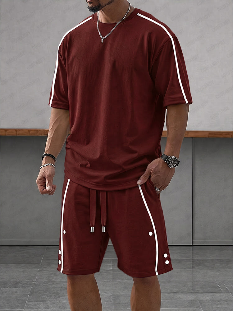 Casual Loose Contrasct Color Line Sports Set - Wine Red