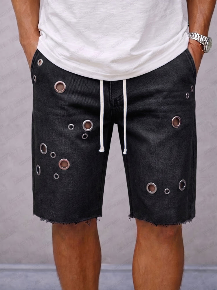 Fashion Distressed Drawstring Denim Shorts - Black