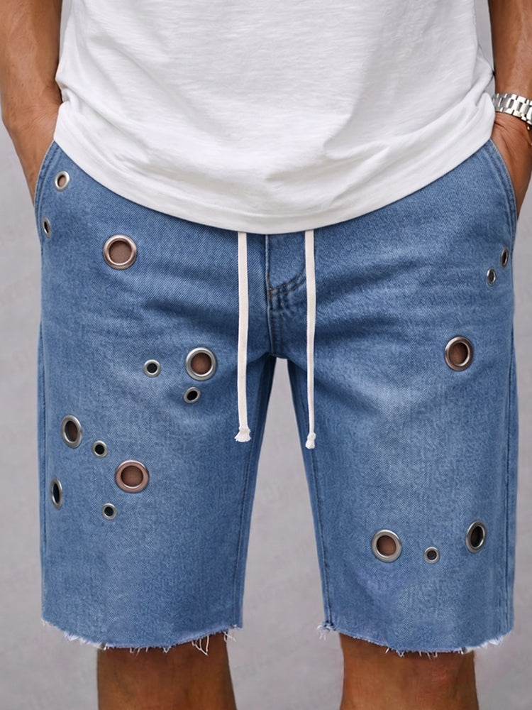 Fashion Distressed Drawstring Denim Shorts - Blue