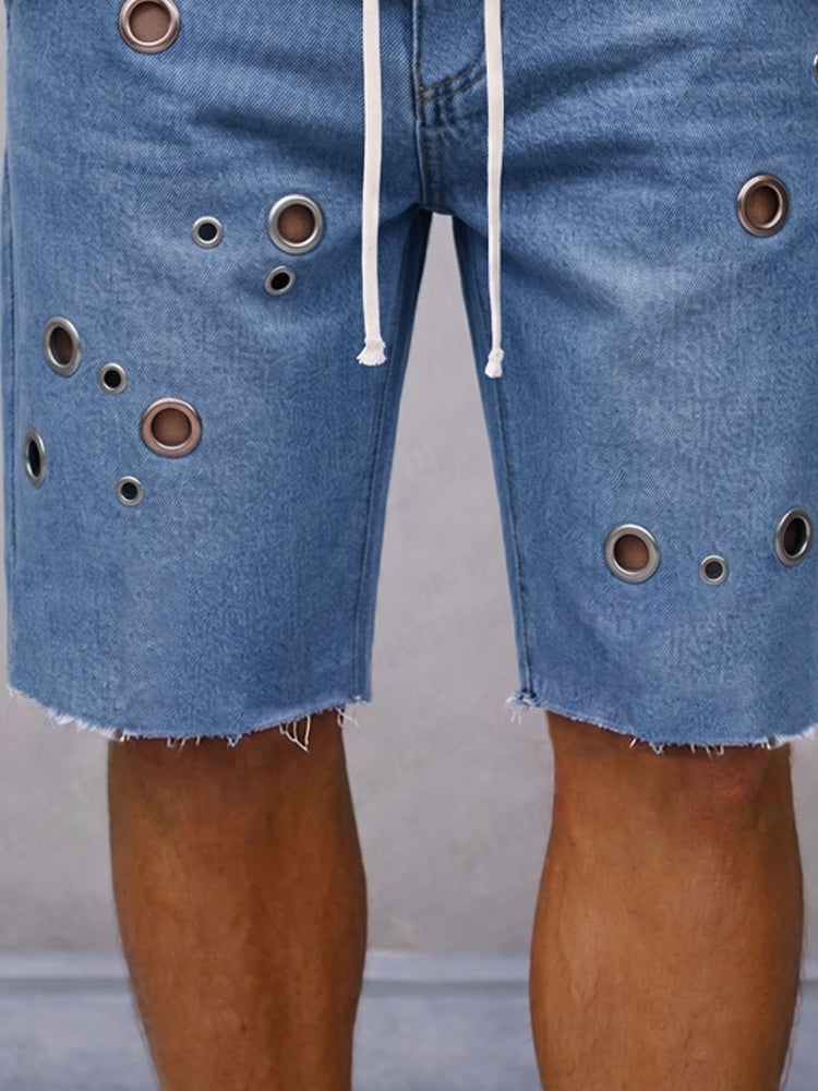Fashion Distressed Drawstring Denim Shorts - Blue