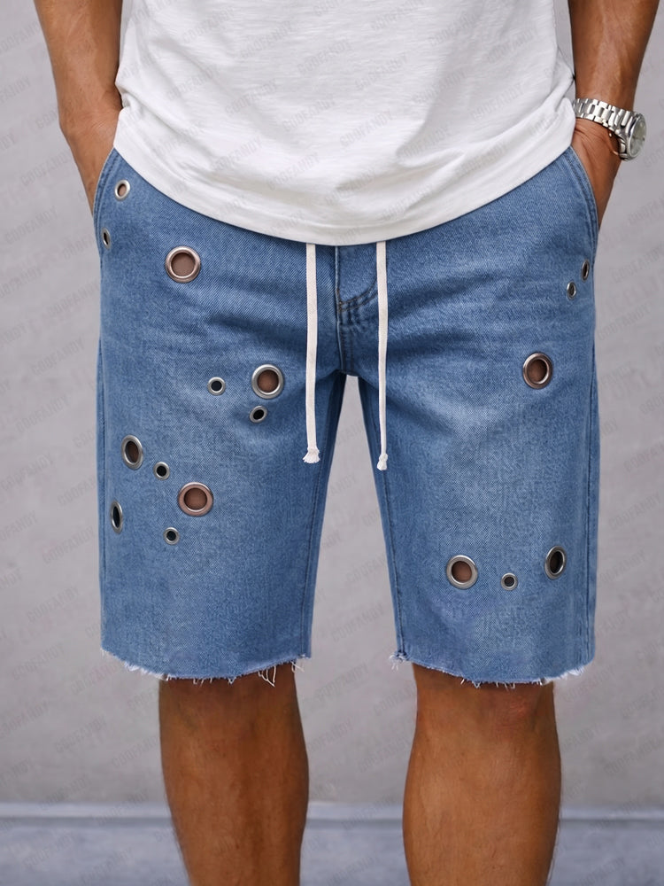 Fashion Distressed Drawstring Denim Shorts - Blue