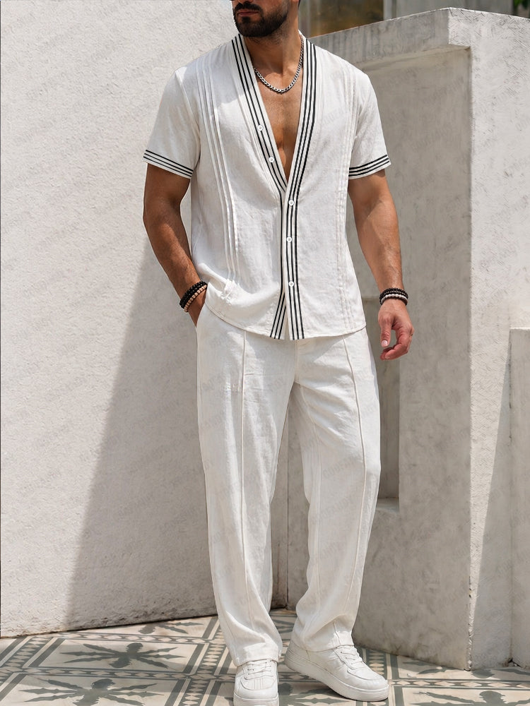 Summer Vacation Stripe Trim Matching Set - White