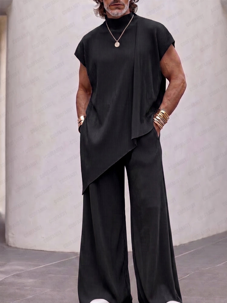 Minimalism Pit Stripe Sleeveless Matching Set - Black