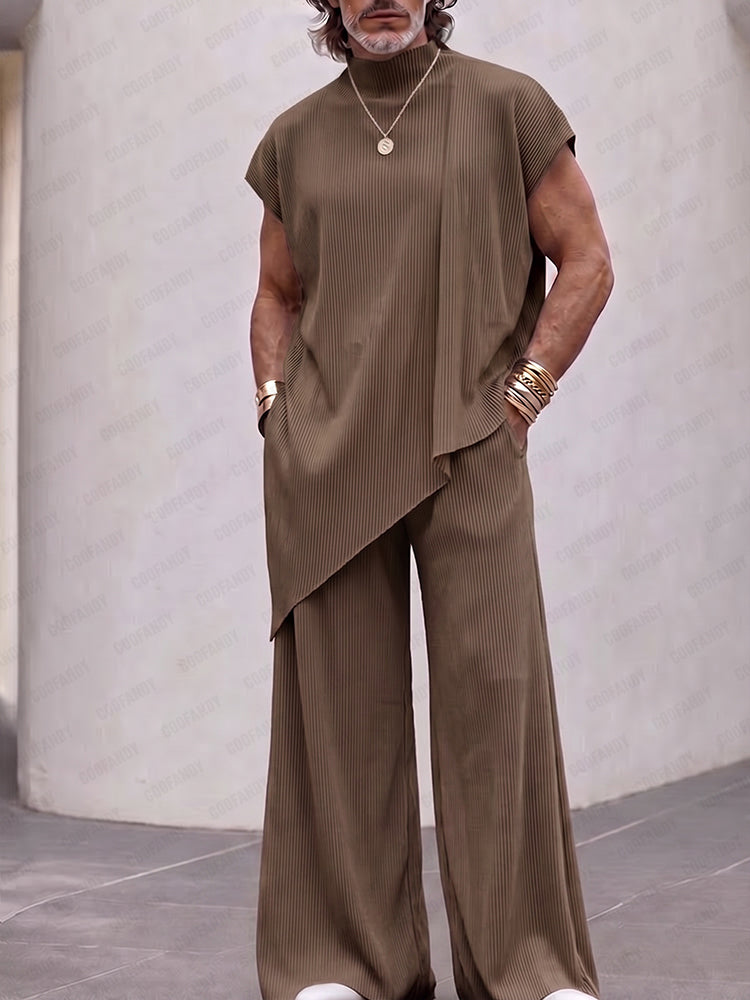 Minimalism Pit Stripe Sleeveless Matching Set - Brown