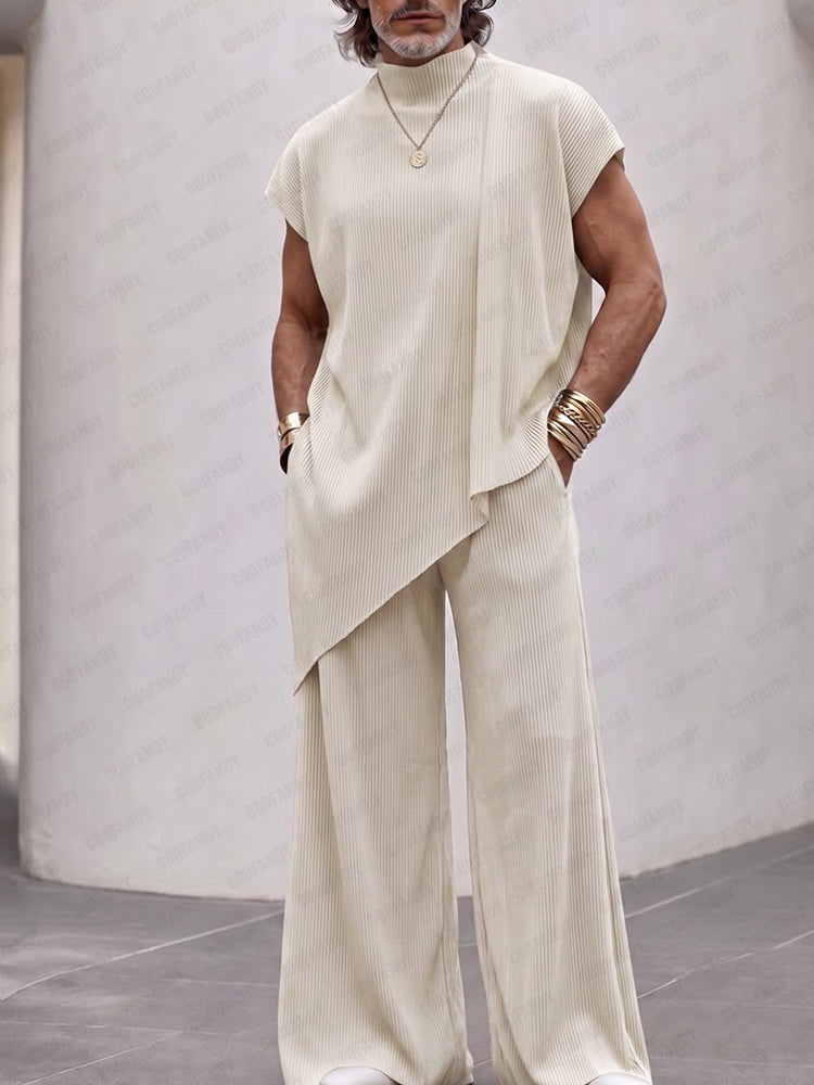 Minimalism Pit Stripe Sleeveless Matching Set - Apricot