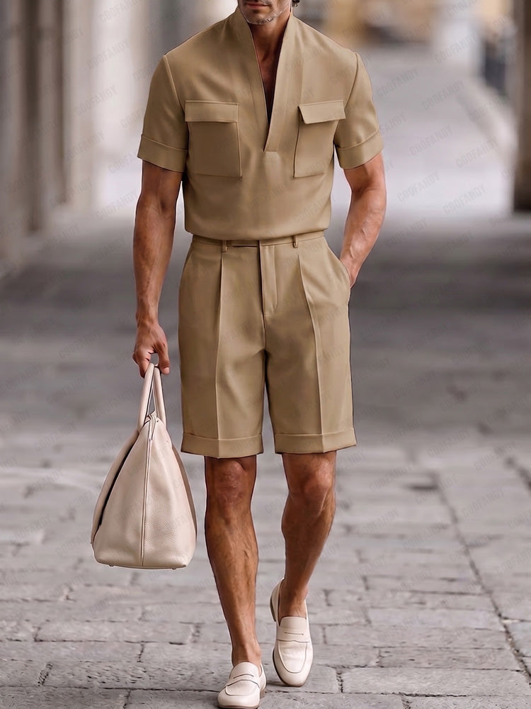 Urban Casual Multi Pockets Matching Sets - Khaki