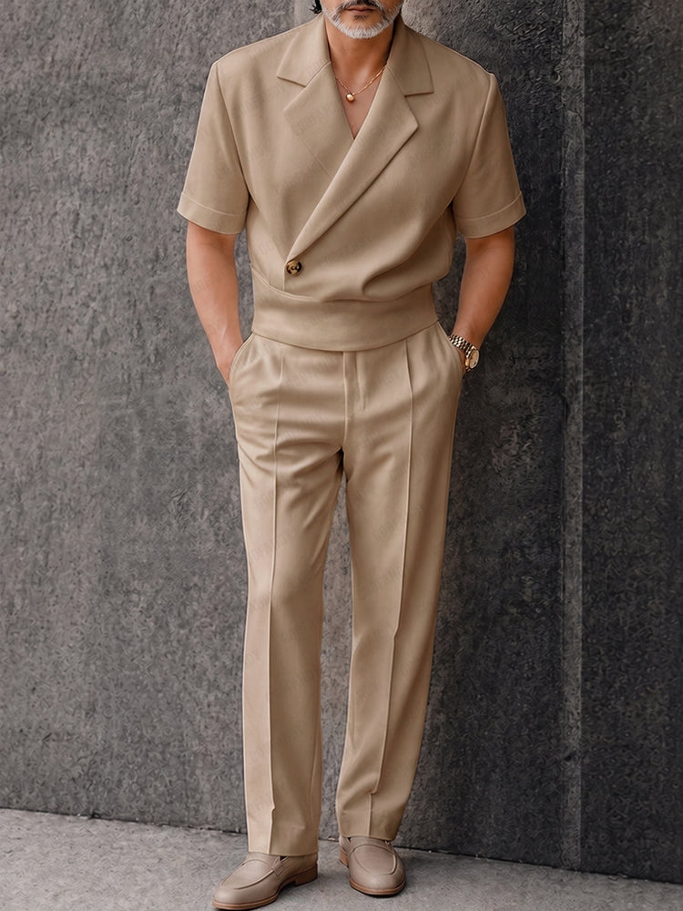 Elegant Summer Half-Placket Top and Straight Pants Set - Khaki