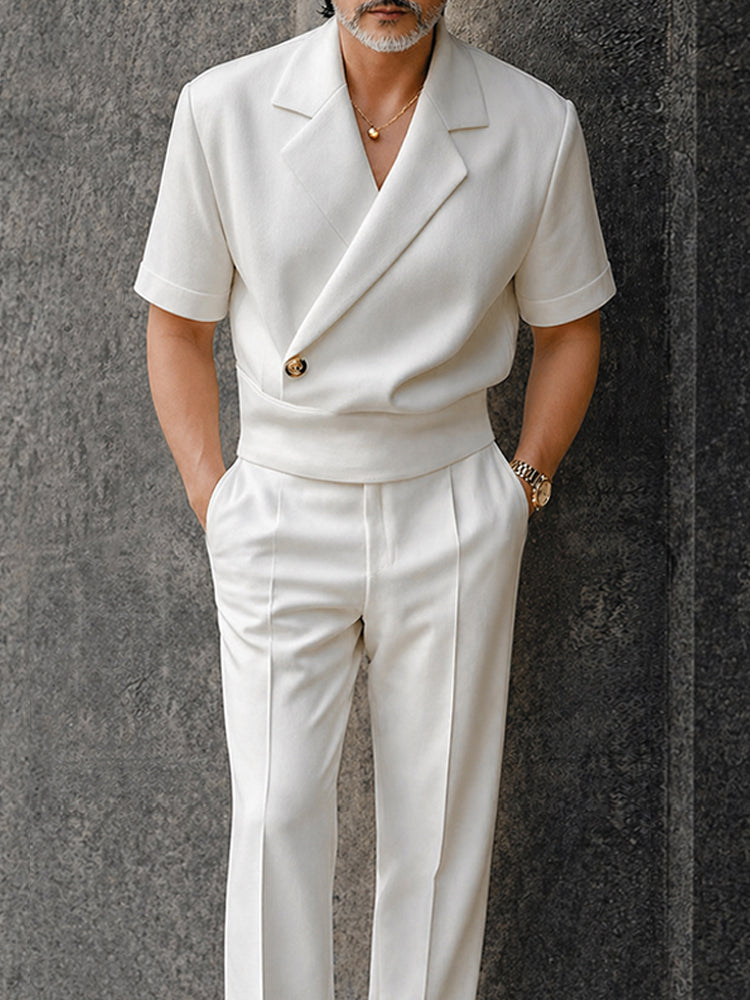 Elegant Summer Half-Placket Top and Straight Pants Set - White