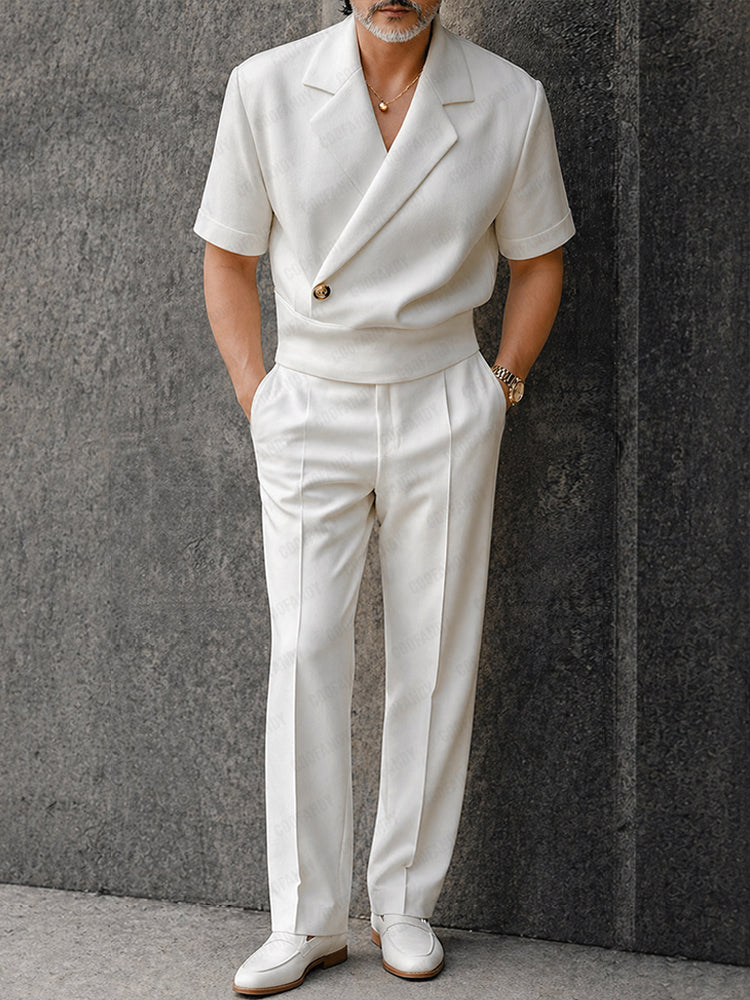 Elegant Summer Half-Placket Top and Straight Pants Set - White