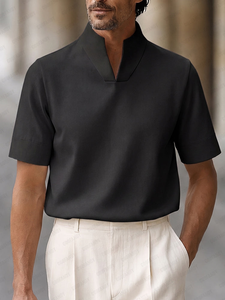 Urban Minimalist Stand Collar Short Sleeve Top - Black