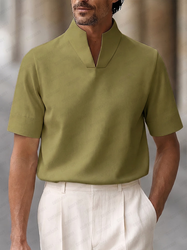Urban Minimalist Stand Collar Short Sleeve Top - Sage Green