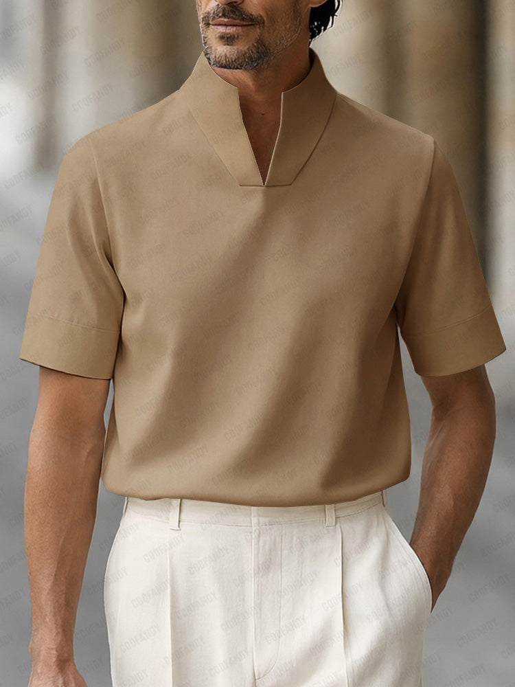 Urban Minimalist Stand Collar Short Sleeve Top - Khaki