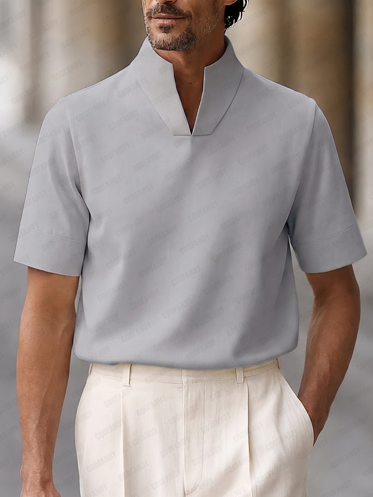 Urban Minimalist Stand Collar Short Sleeve Top - Gray