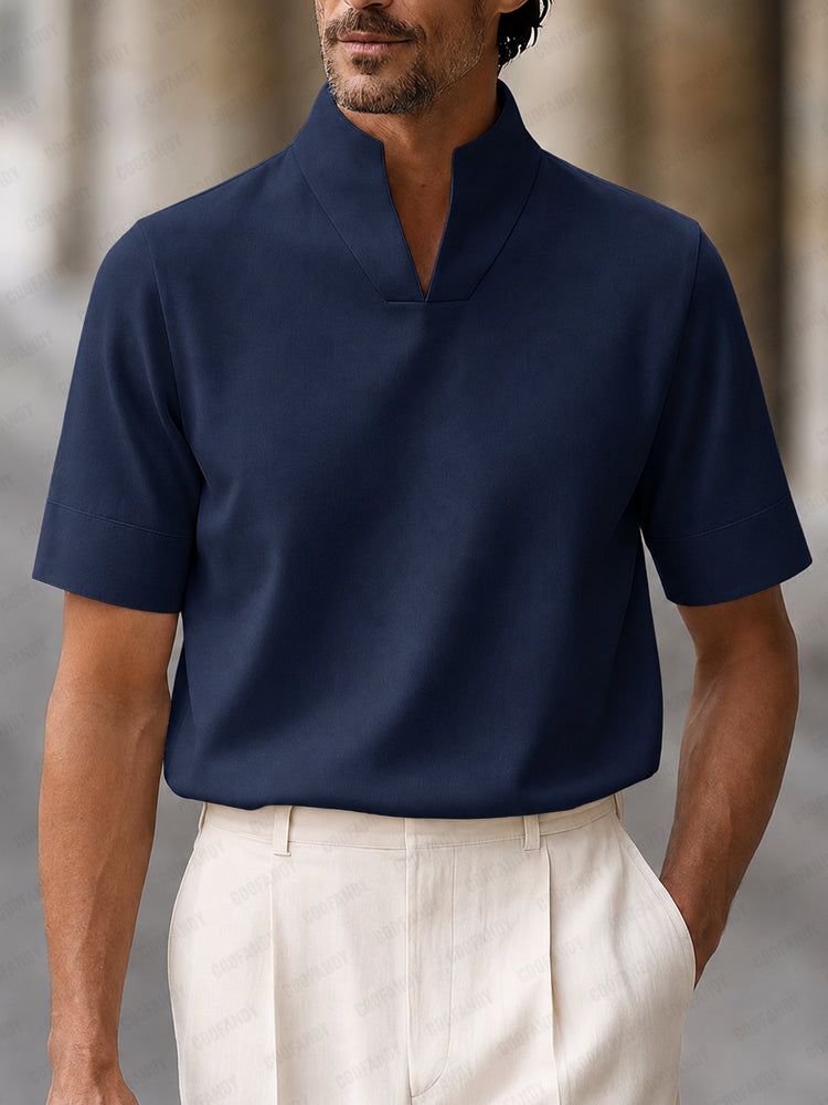 Urban Minimalist Stand Collar Short Sleeve Top - Navy Blue