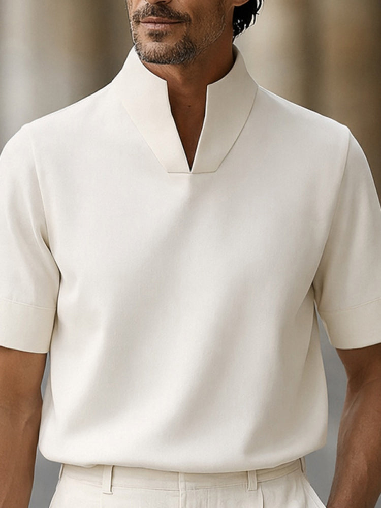 Urban Minimalist Stand Collar Short Sleeve Top - White