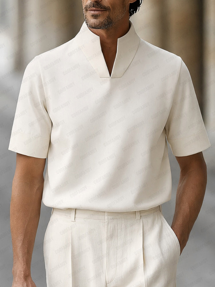 Urban Minimalist Stand Collar Short Sleeve Top - White
