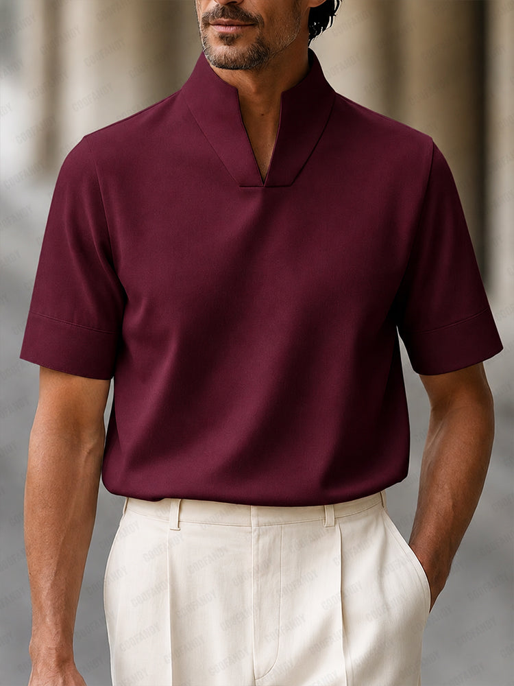 Urban Minimalist Stand Collar Short Sleeve Top - Wine Red