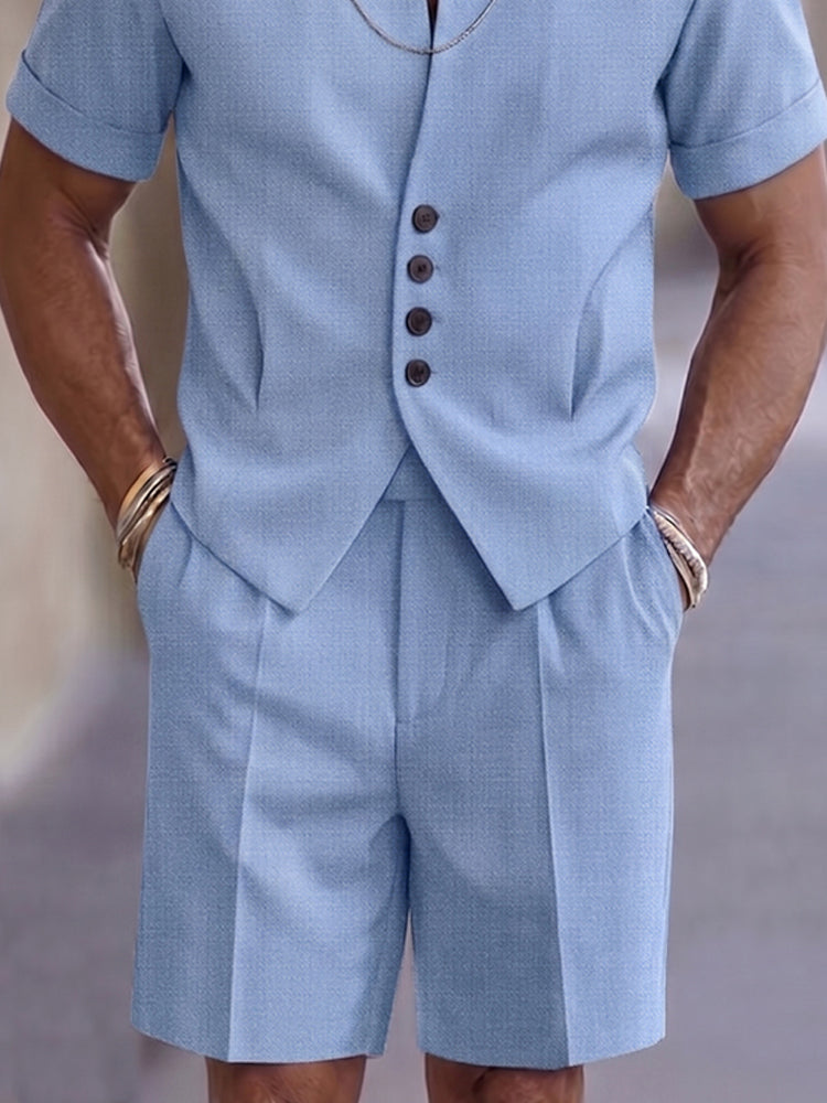 Refined Button Placket Short Sleeve Shirt Shorts Set - Blue
