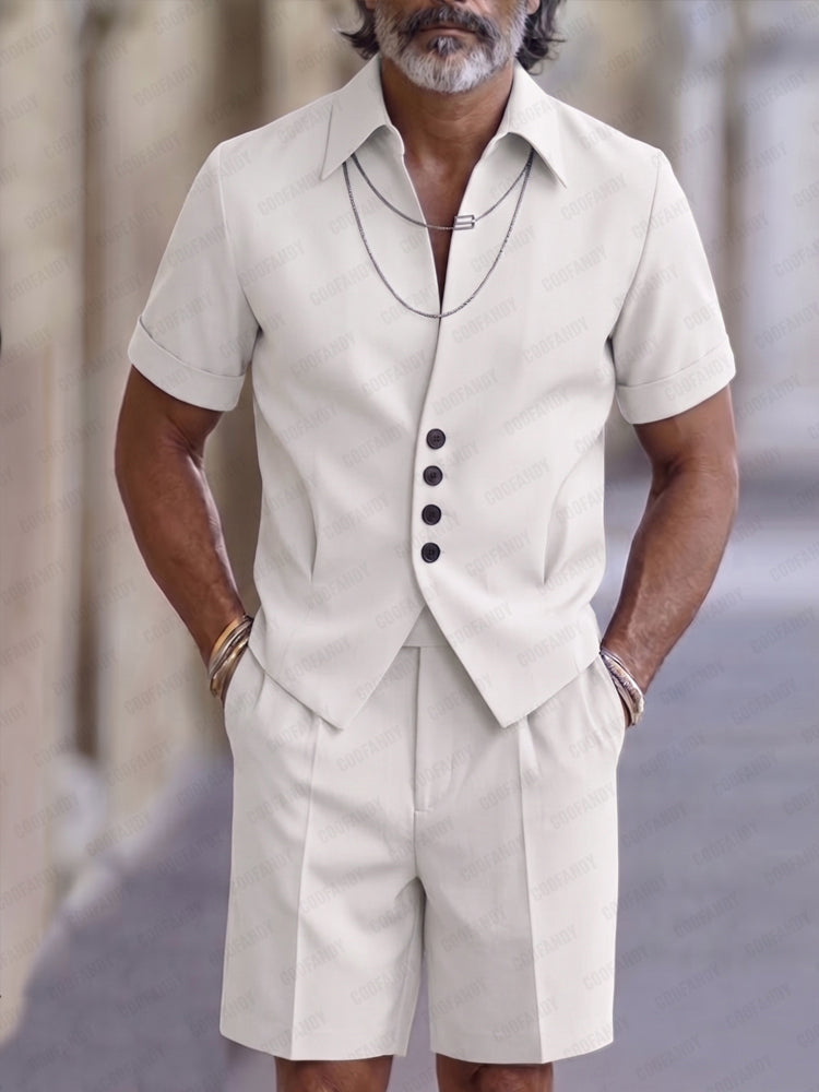 Refined Button Placket Short Sleeve Shirt Shorts Set - White