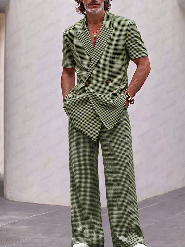 Vintage Smart Casual Plaid Matching Set - Army Green