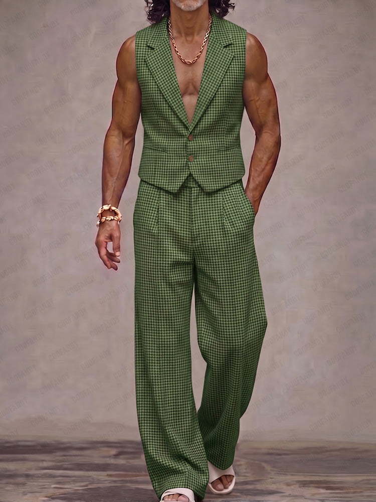 Modern Plaid Suit Vest and Pants Set - Green