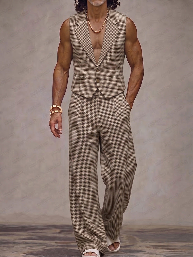 Modern Plaid Suit Vest and Pants Set - Khaki
