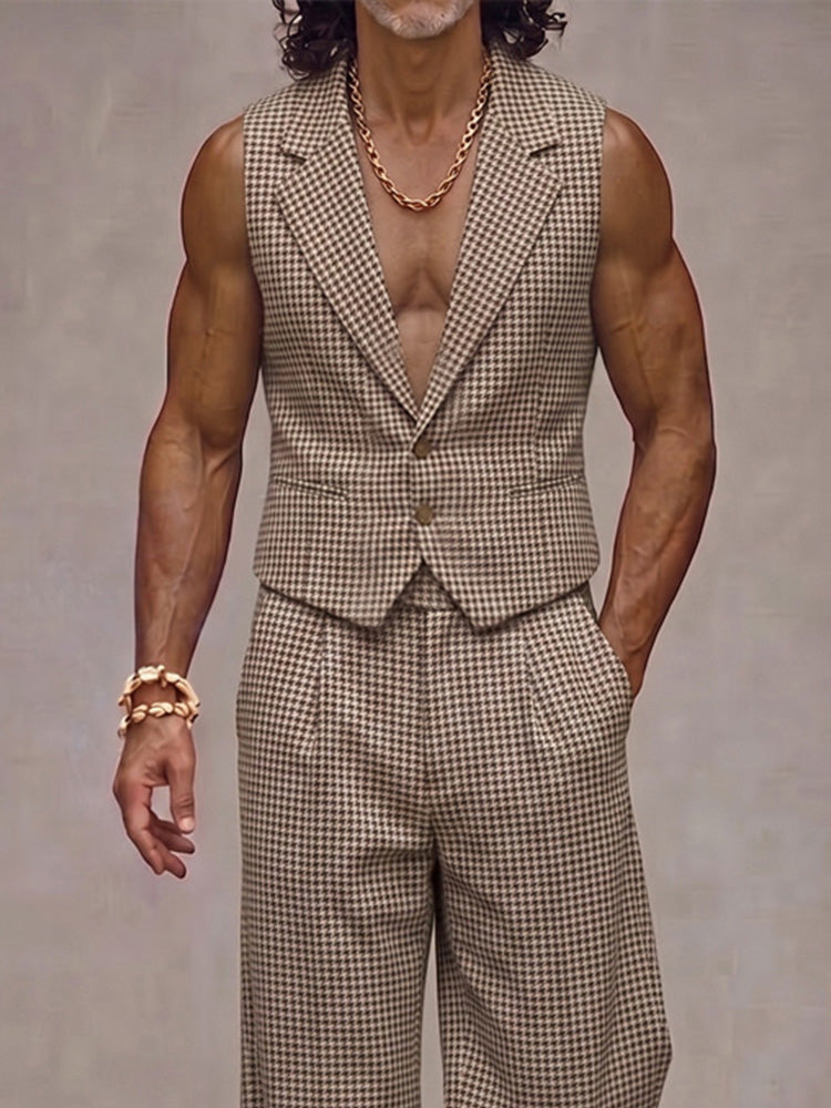 Modern Plaid Suit Vest and Pants Set - Khaki