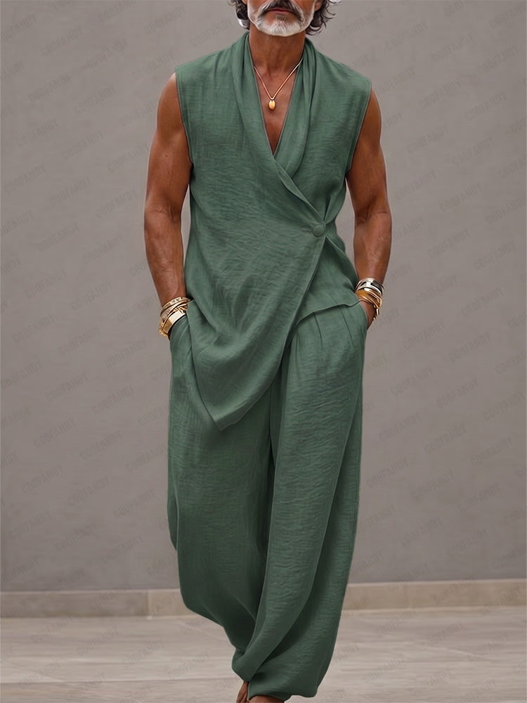 Minimalist Loose 100% Cotton Tank Top Pants Set - Green