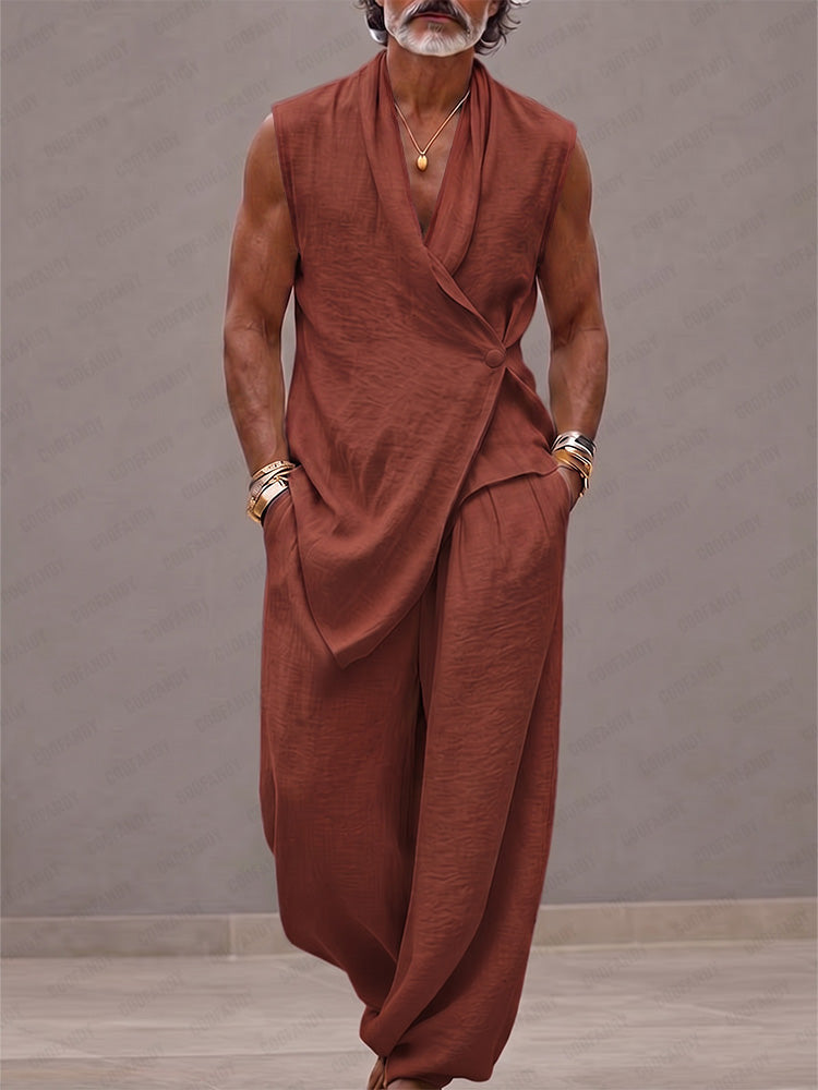 Minimalist Loose 100% Cotton Tank Top Pants Set - Caramel