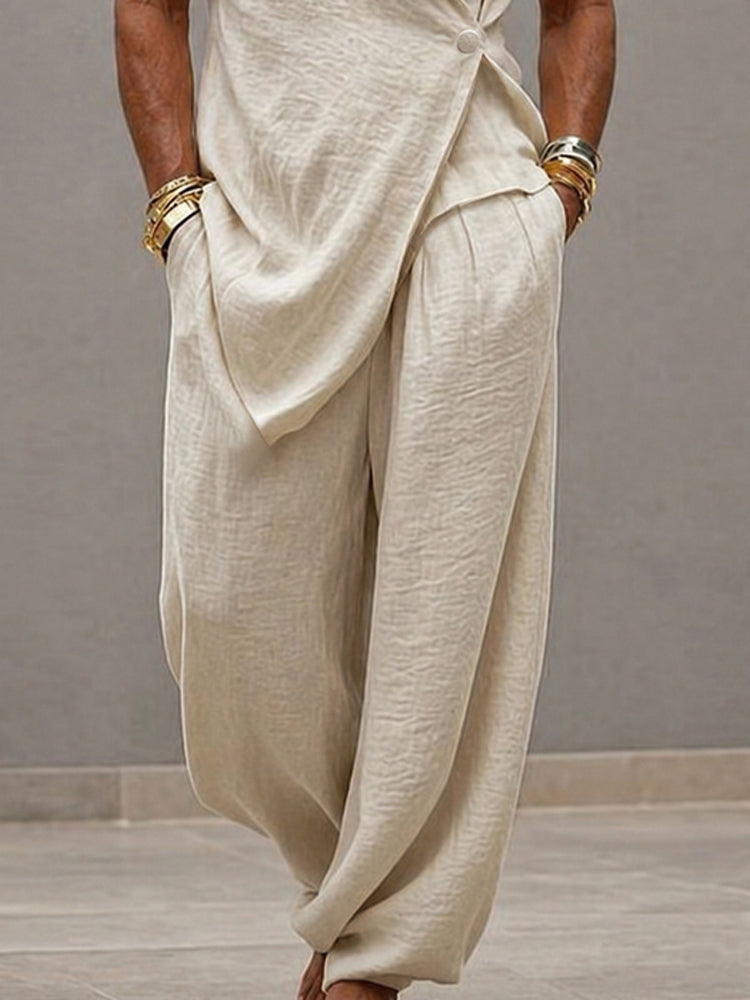 Minimalist Loose 100% Cotton Tank Top Pants Set - Apricot