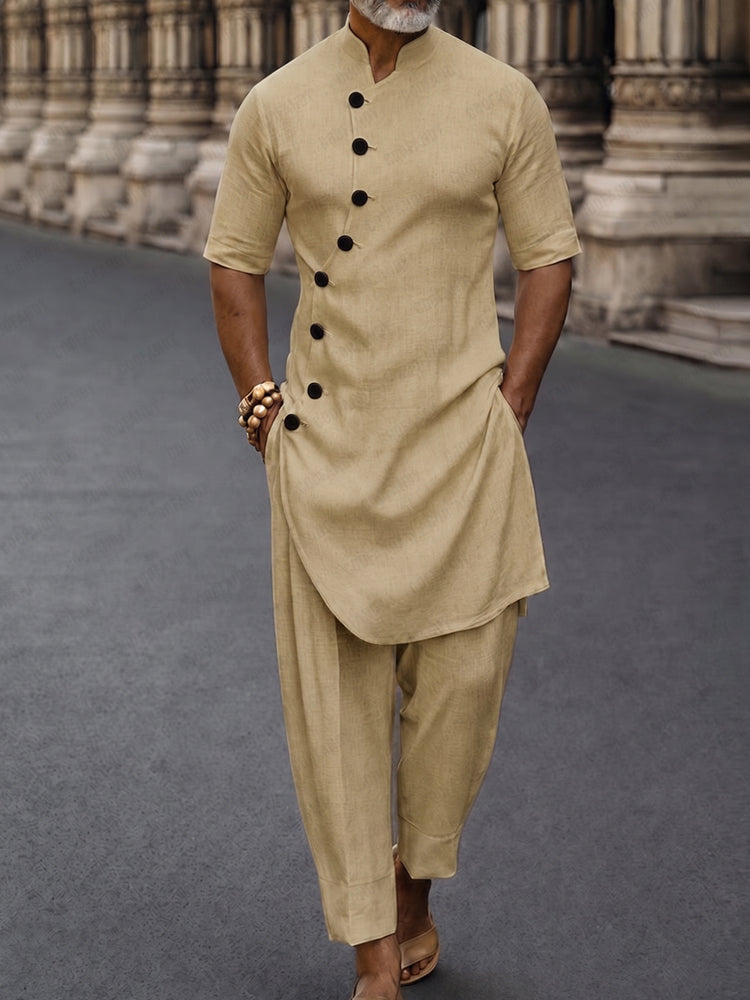 Premium Cotton Diagonal Placket Longline Top Pants Set - Khaki
