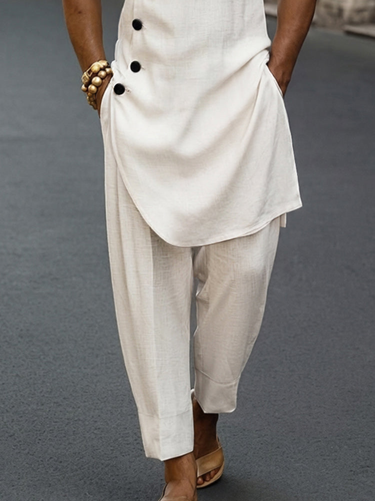 Premium Cotton Diagonal Placket Longline Top Pants Set - White
