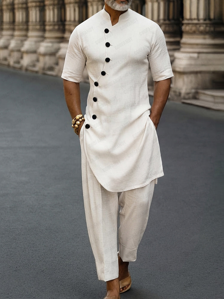 Premium Cotton Diagonal Placket Longline Top Pants Set - White