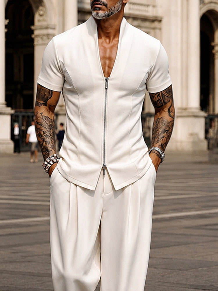 Modern Minimalist Short Sleeve Shirt Pants Set - White