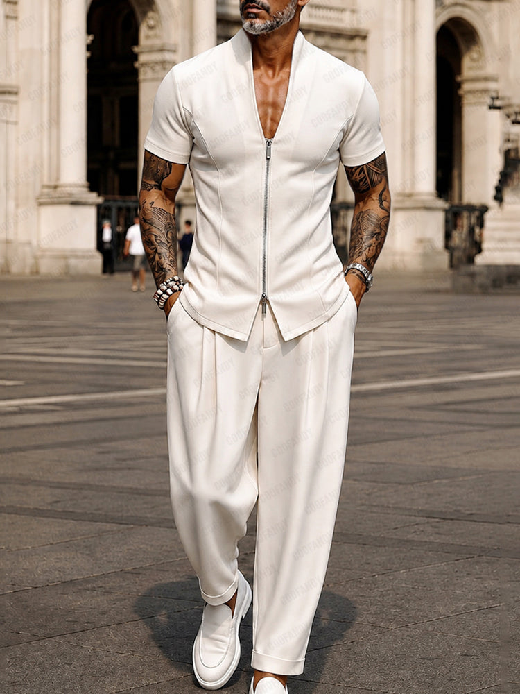 Modern Minimalist Short Sleeve Shirt Pants Set - White