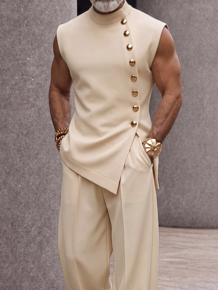 Refined Button Design Sleeveless Top and Pants Set - Apricot