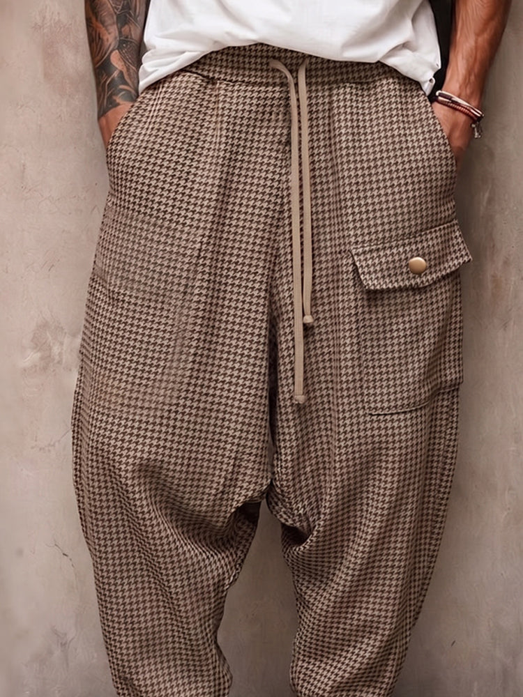 Casual Plaid Drop Crotch Joggers - Brown