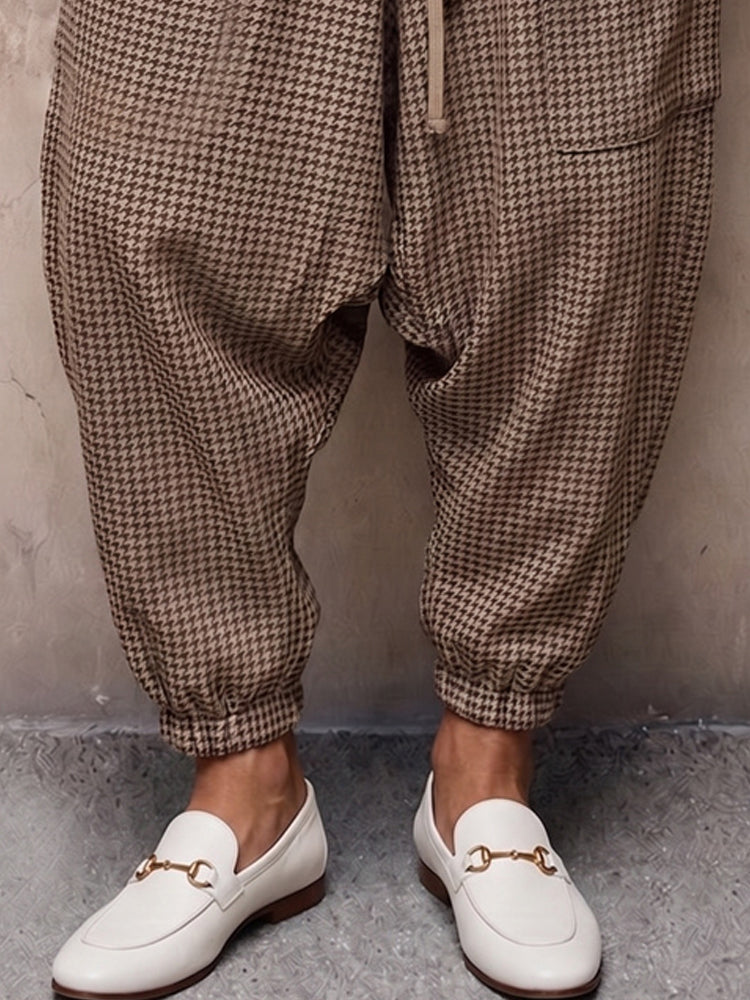 Casual Plaid Drop Crotch Joggers - Brown
