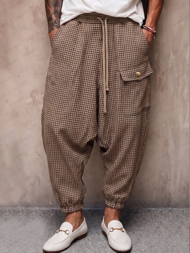Casual Plaid Drop Crotch Joggers - Brown