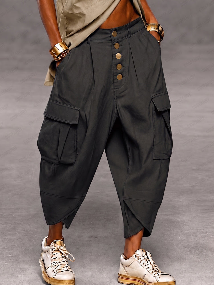 Casual Drop Crotch Cargo Harem Pants - Black