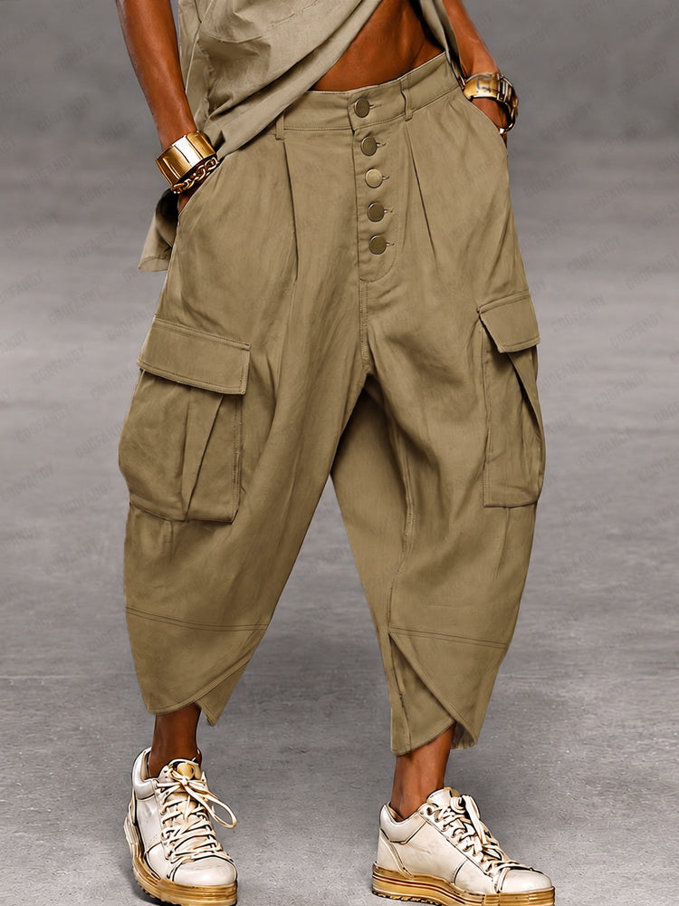 Casual Drop Crotch Cargo Harem Pants - Brown