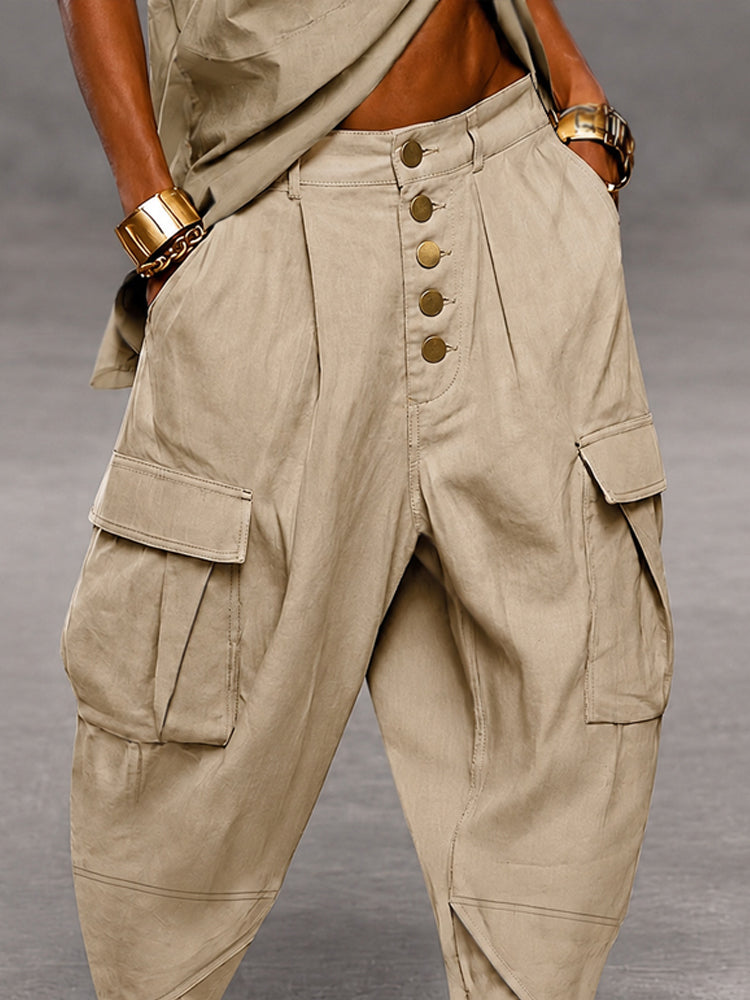 Casual Drop Crotch Cargo Harem Pants - Khaki