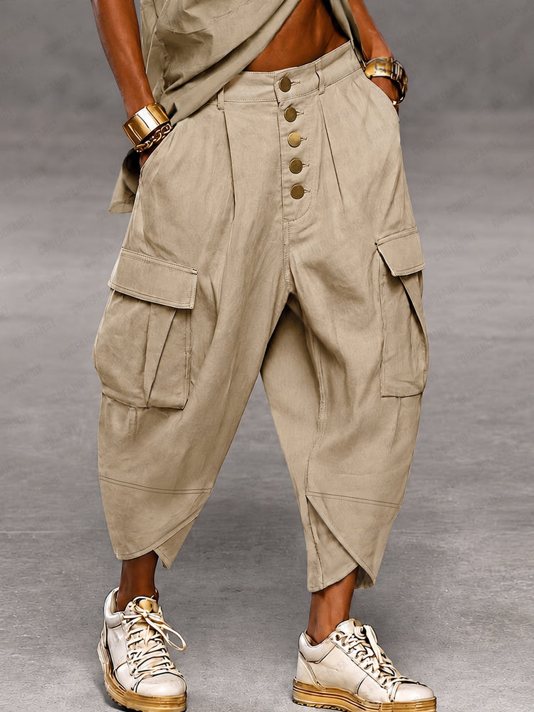 Casual Drop Crotch Cargo Harem Pants - Khaki