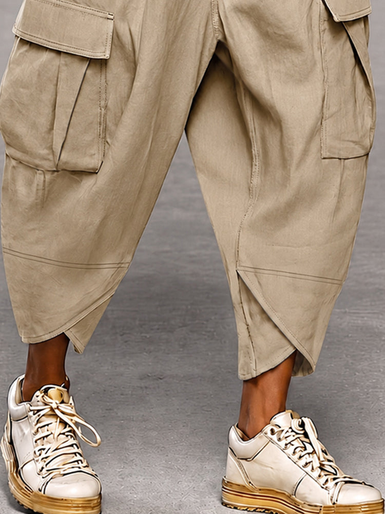 Casual Drop Crotch Cargo Harem Pants - Khaki