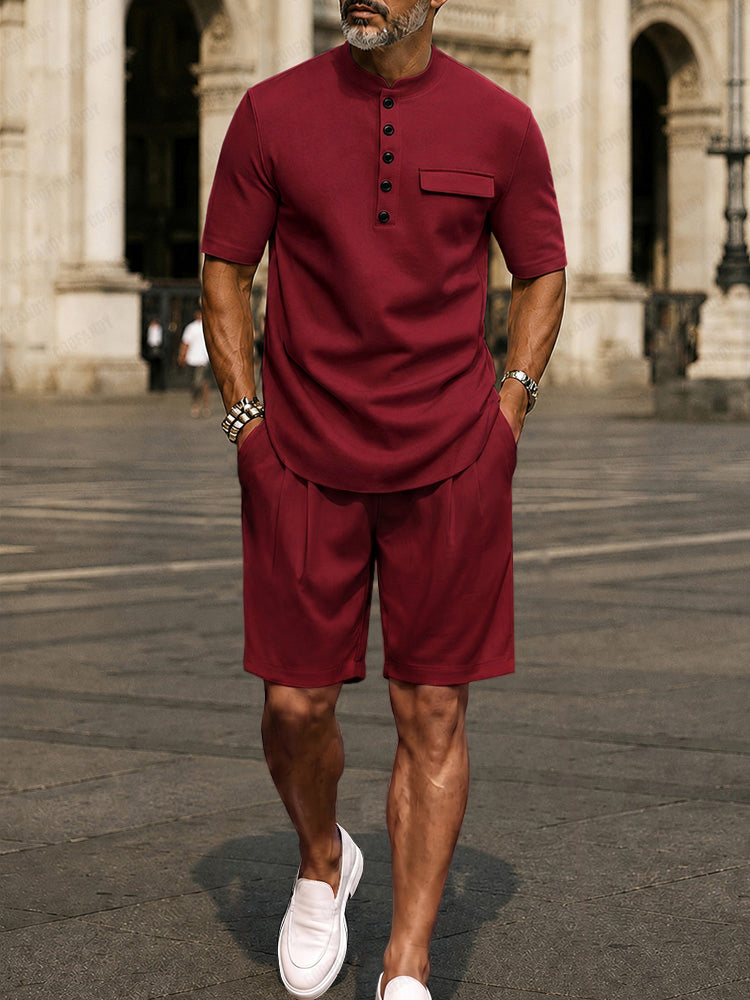 Urban Casual Button Up T-Shirt Shorts Set - Wine Red