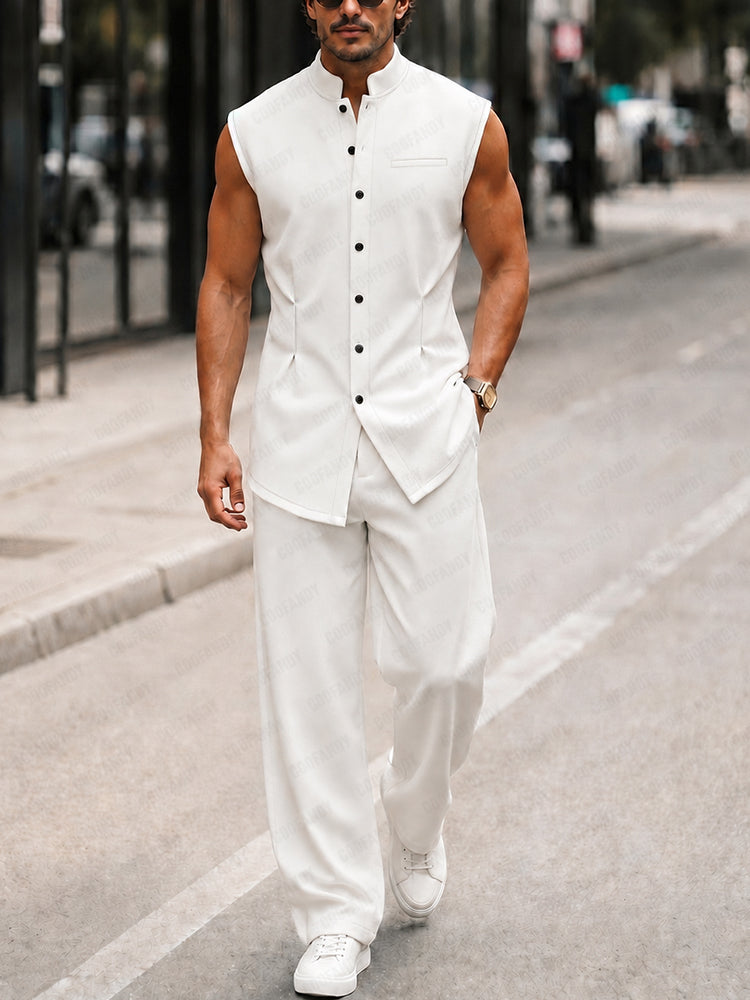 Urban Casual Sleeveless Stand Collar Shirt Set - White