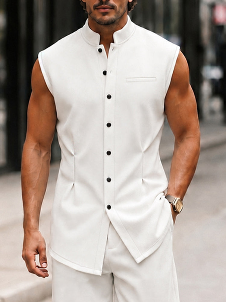 Urban Casual Sleeveless Stand Collar Shirt Set - White
