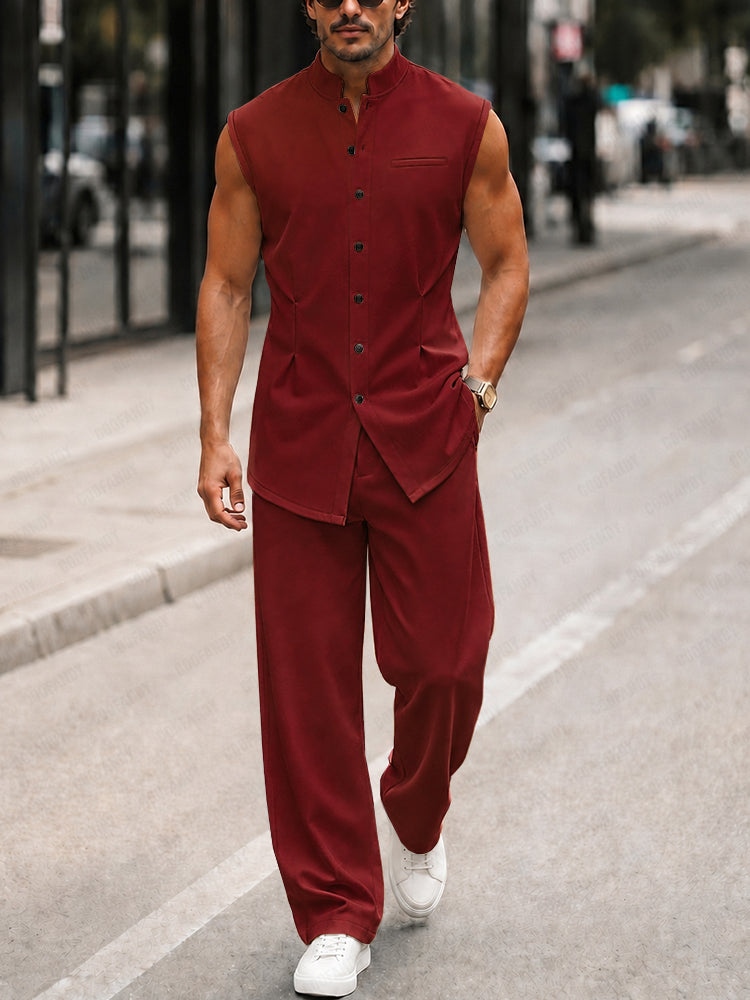 Urban Casual Sleeveless Stand Collar Shirt Set - Wine Red