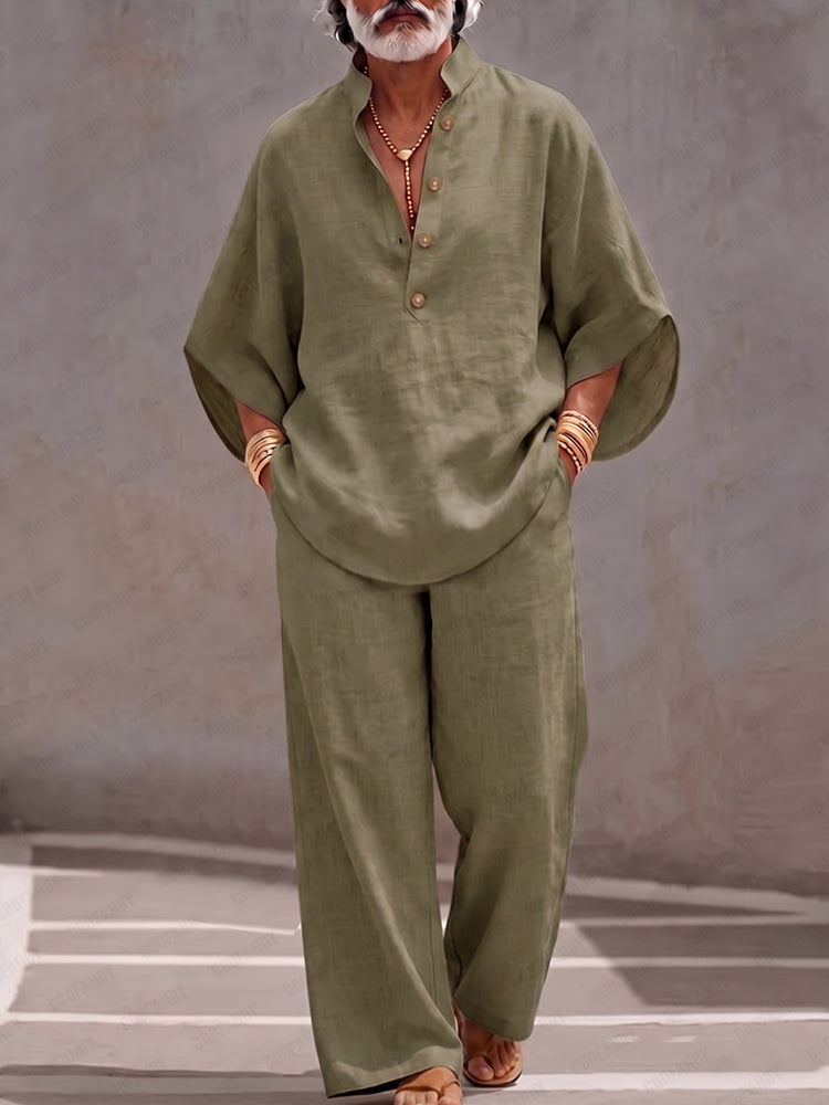 Minimalist 100% Cotton Batwing Sleeve Top and Pants Set - Army Green